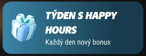 Modrý dárek s bílou stuhou a nápisem „Týden s Happy Hours – Každý den nový bonus“.