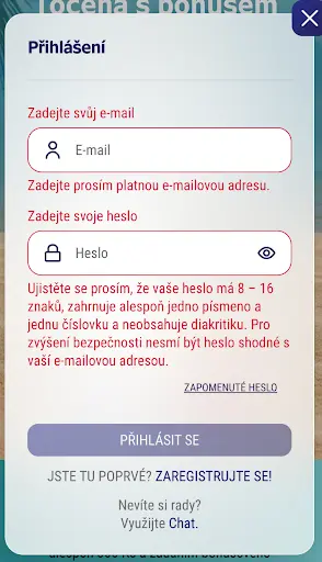 Přihlašovací formulář na webu s poli pro e-mail a heslo, včetně pokynů k zadání platných údajů.