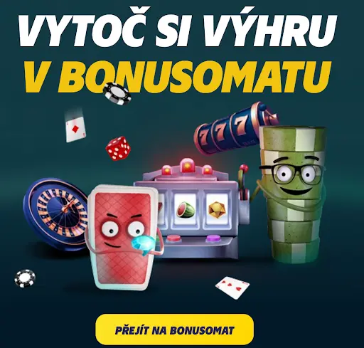 Grafika s textem „Vytoč si výhru v Bonusomatu“ s ruletou, automatem, kostkami, kartami a animovanými postavami.