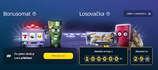 Postavičky u bonusomatu a losovačky s jackpotem 1 000 000 Kč a pytli peněz.