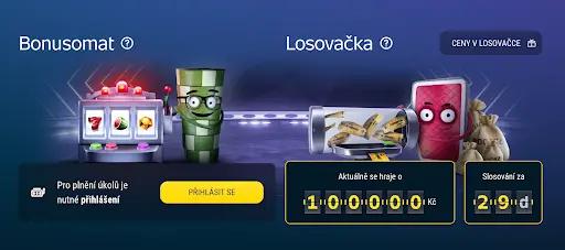 Bonusomat s animovaným zeleným žetonem u výherního automatu a Losovačka s červenou kartou držící sud s losy, zobrazující aktuální výhru 1 000 000 Kč a čas do slosování 29 dní.