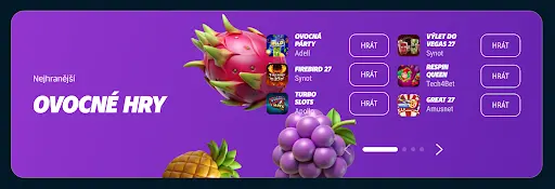 Nejhranější ovocné hry – Ovocná párty, Firebird 27, Turbo Slots, Výlet do Vegas 27, Respin Queen, Great 27