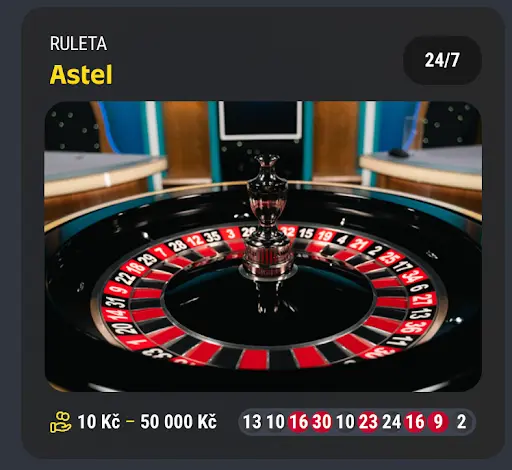 Ruleta Astel – živá hra dostupná 24/7 s limity sázek od 10 Kč do 50 000 Kč