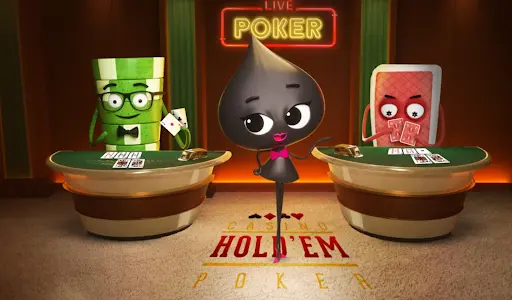 Casino Hold’em Poker s animovanými postavami žetonů a karet. Animované postavy pokerových žetonů a karet u dvou stolů s nápisem „Casino Hold’em Poker“ a neonovým nápisem „Live Poker“ v pozadí.