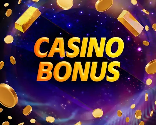 Grafika s nápisem „Casino Bonus“ na vesmírném pozadí se zlatými mincemi a zlatými cihlami.