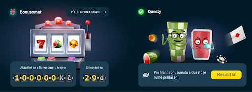 Bonusomat a Questy – výherní automat se symboly, aktuální jackpot 1 000 000 Kč a herní postavičky s kartami a žetony