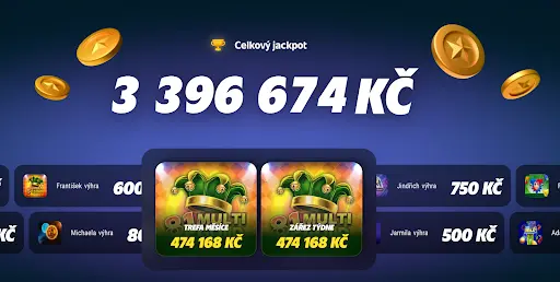 Celkový jackpot 3 396 674 Kč s aktuálními výhrami – trefa měsíce a zářez týdne po 474 168 Kč, zobrazení zlatých mincí a seznam posledních výherců.