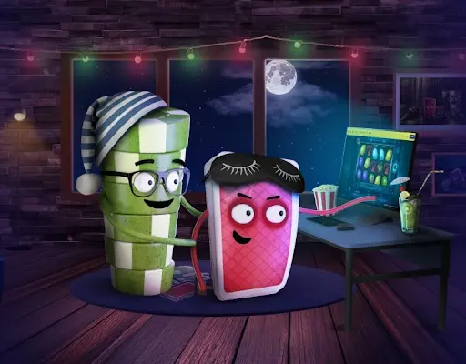 Ilustrace žetonů a hracích karet sedících u stolu a hrajících online automat v noci s úplňkem za oknem.