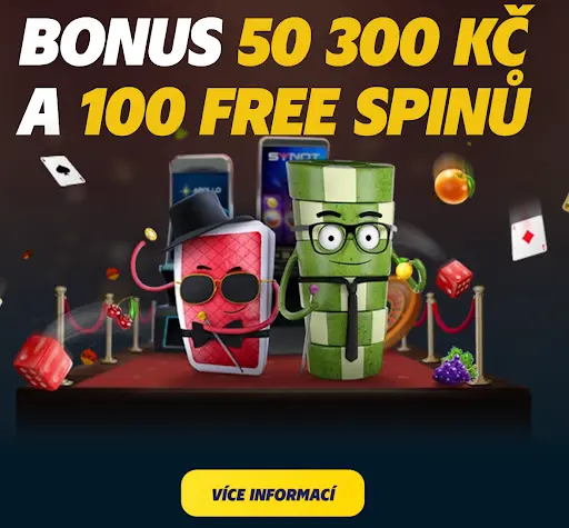 Propagační banner s nabídkou bonusu 50 300 Kč a 100 free spinů, doplněný maskoty v podobě herní karty a zeleného sloupce žetonů na červeném koberci.