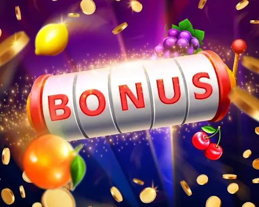 Výherní automat s nápisem „BONUS“ a ovocnými symboly v pozadí.