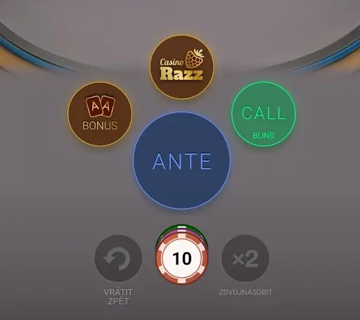 Herní rozhraní Casino – tlačítka pro sázky Ante, Call Blind, Bonus a možnost vrácení či zdvojnásobení sázky