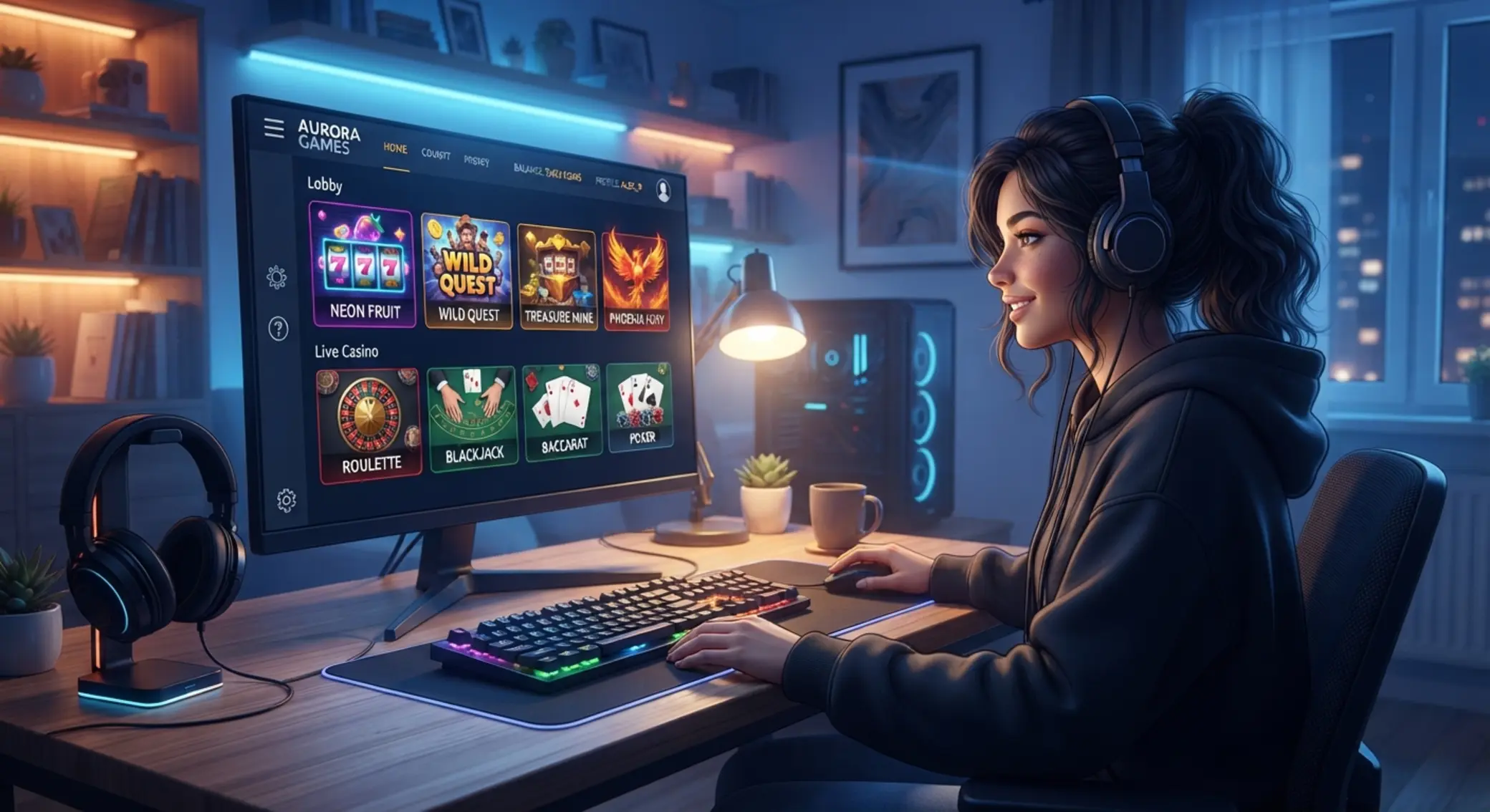 Přehled herního lobby a technické podpory na obrazovce počítače