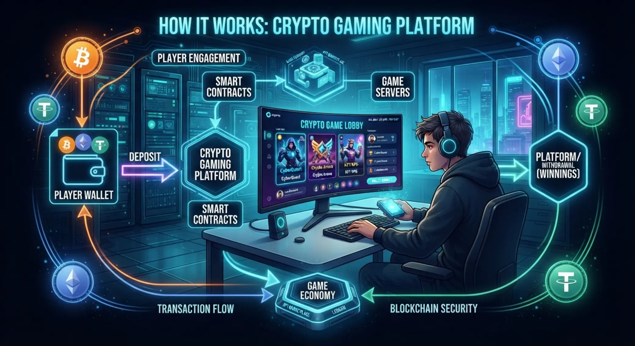 Schéma fungování crypto casina s hráčem, lobby a kryptoměnami
