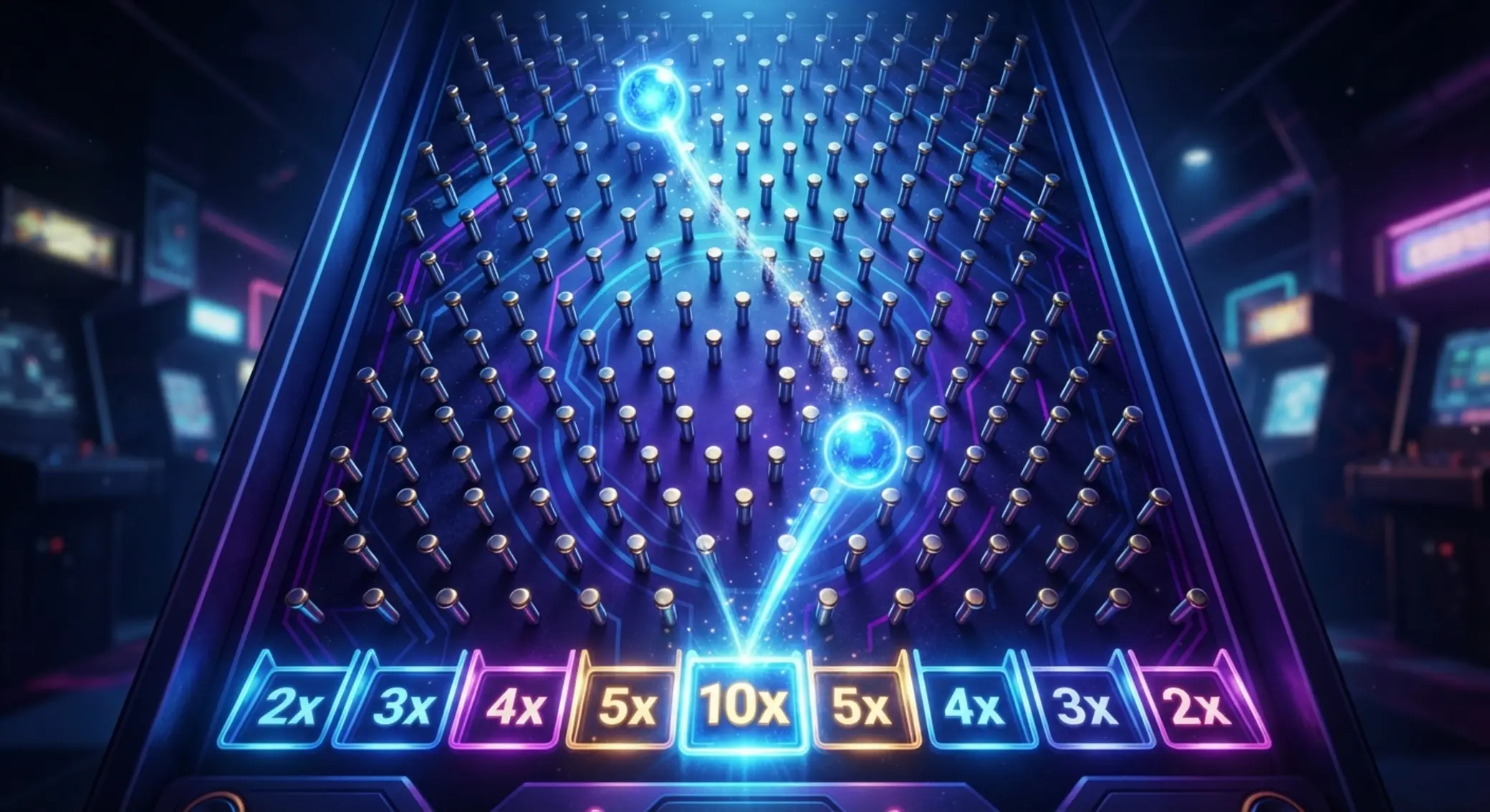 Jak vypadá Plinko deska Ilustrace Plinko desky s padající kuličkou mezi hřebíčky