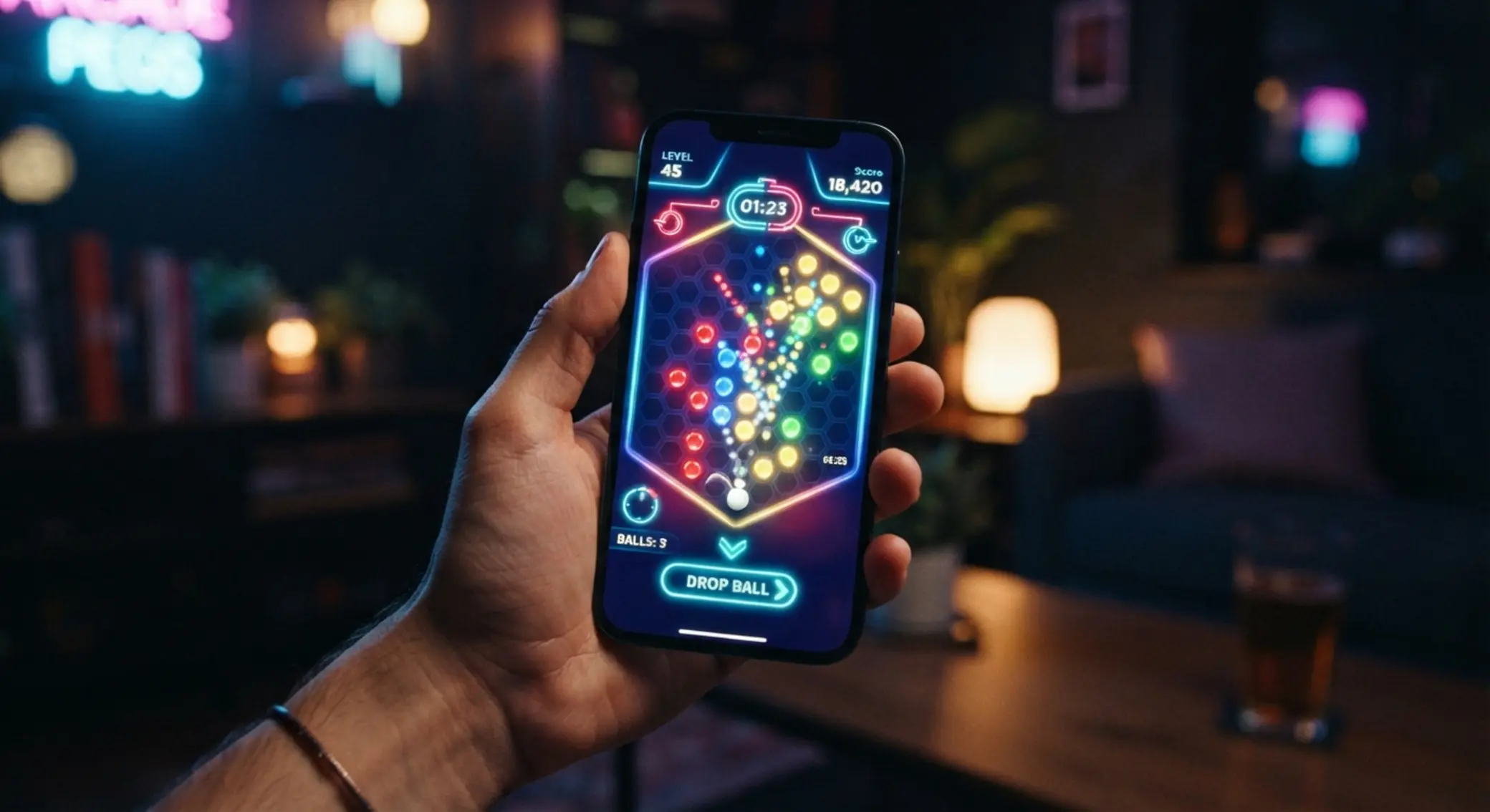 Plinko na mobilu Plinko hra na displeji mobilního telefonu v ruce hráče