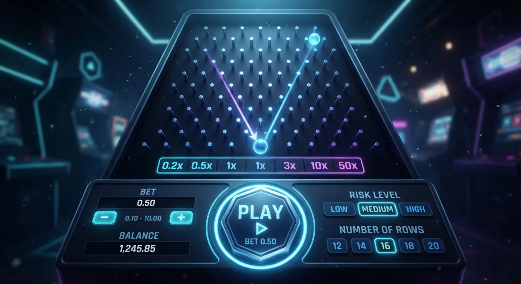 Rozhraní Plinko online Stylizované rozhraní Plinko hry se sázkou a tlačítkem Play