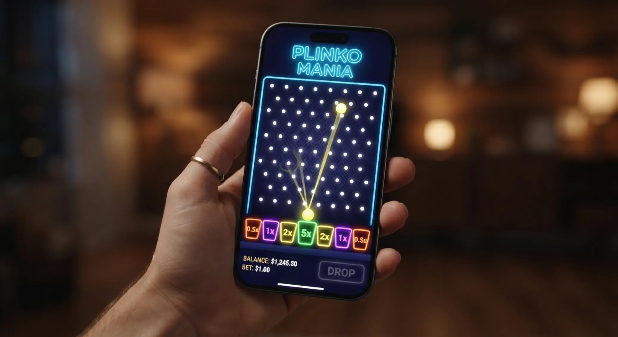 Mobilní telefon se zobrazením hry Plinko na dotykové obrazovce