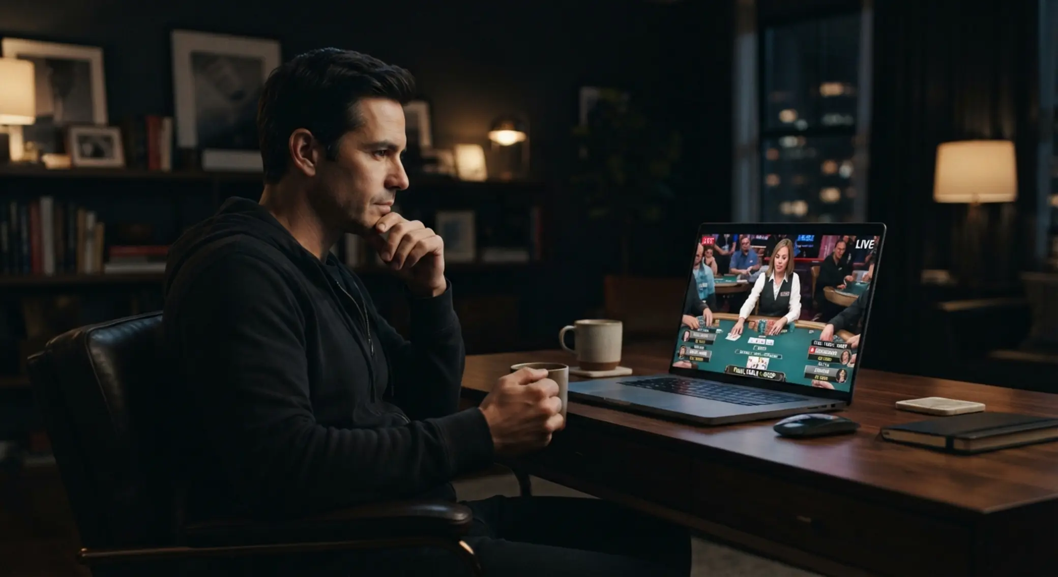 Live poker přenos na notebooku s dealerem a stolem