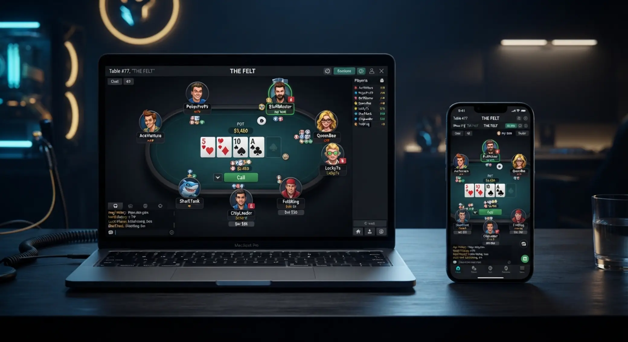 Ilustrace online pokerového stolu na notebooku a mobilu