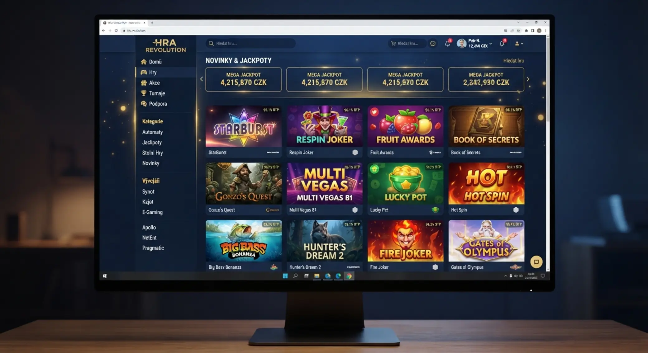 Stylizované rozhraní českého online casina se seznamem slotů