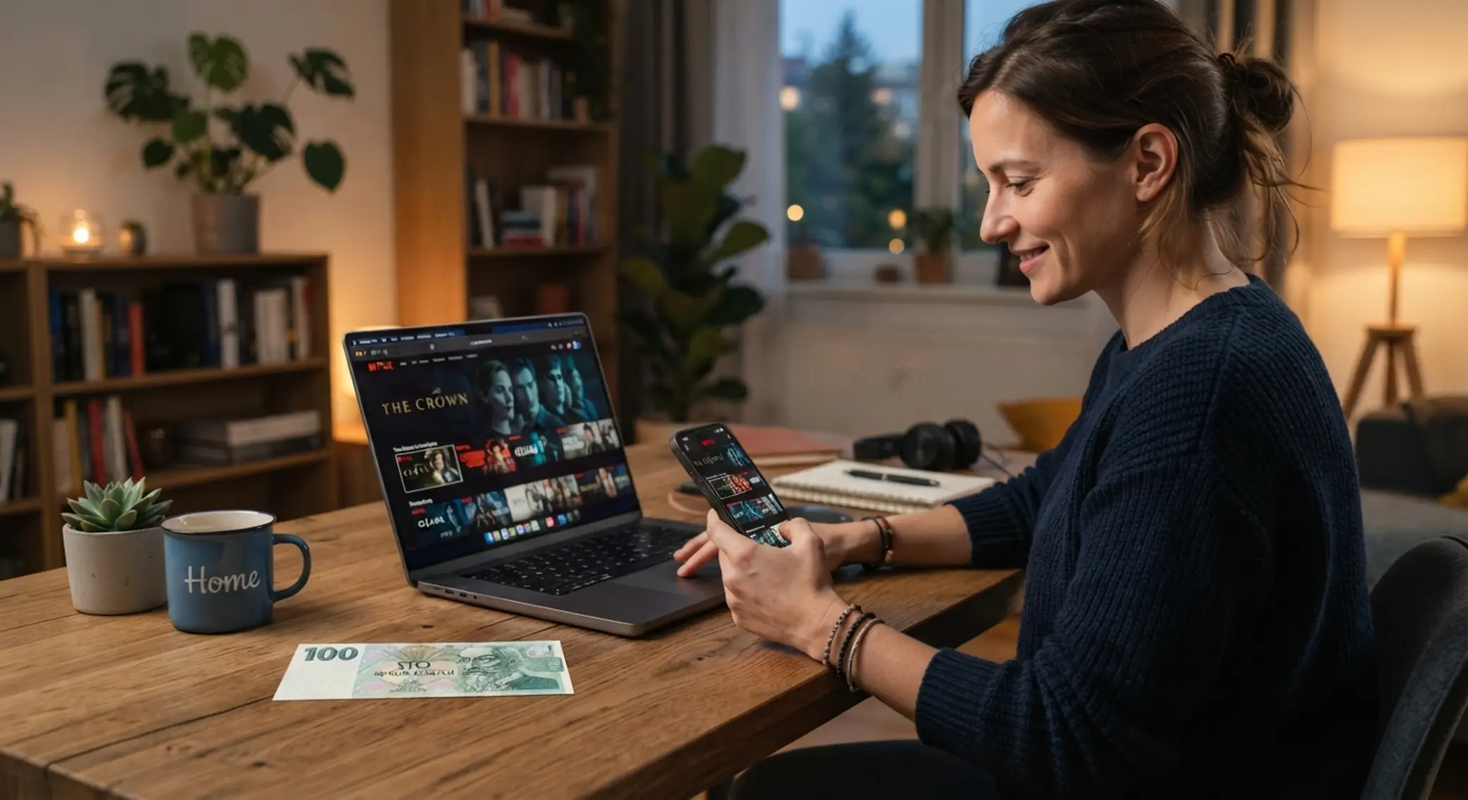 Hráč s mobilem a notebookem při vkladu 100 Kč online