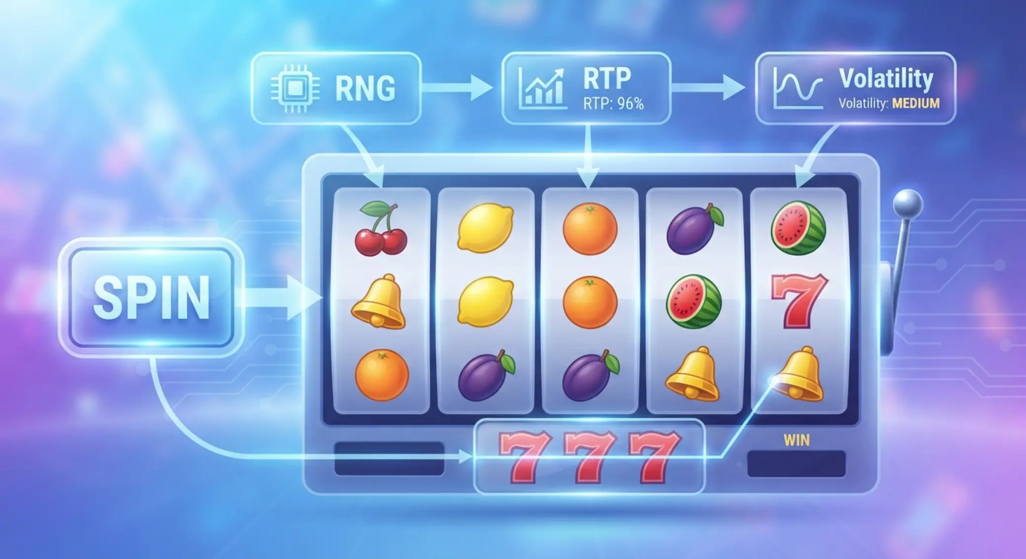 Schéma fungování online automatu s válci, spinem, RNG, RTP a volatilitou
