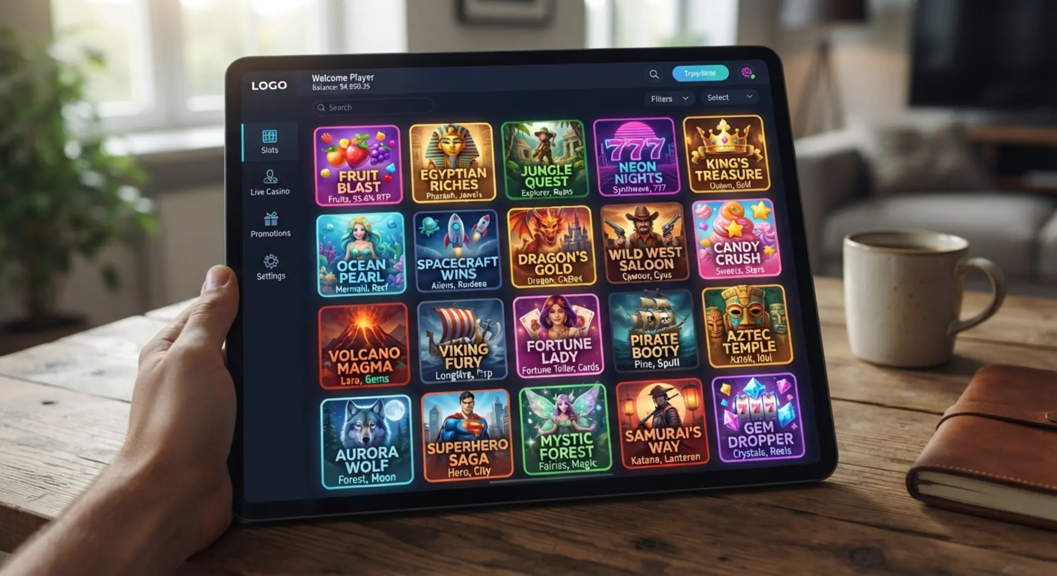 Výběr různých online automatů s různými motivy na obrazovce