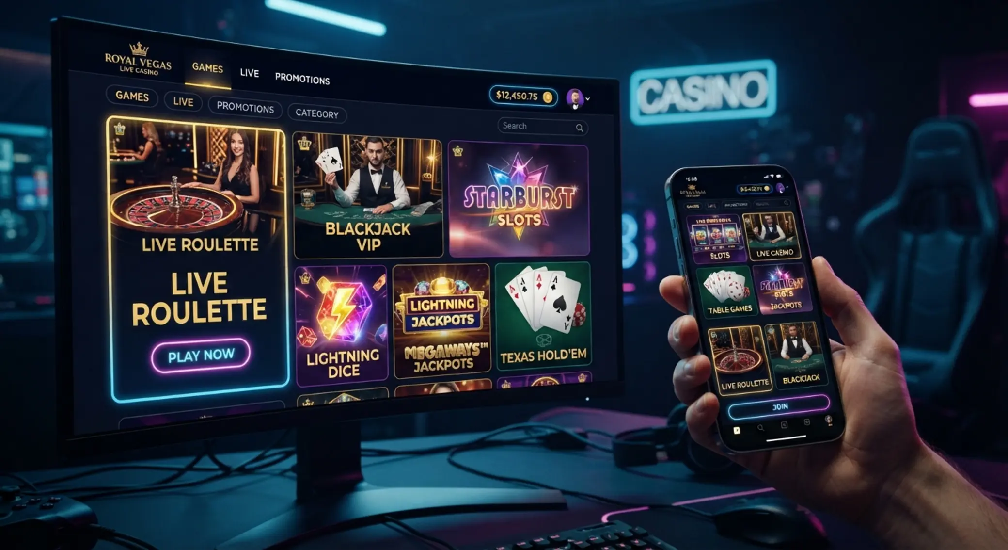 Výběr různých online her: slot, ruleta, blackjack a live stůl