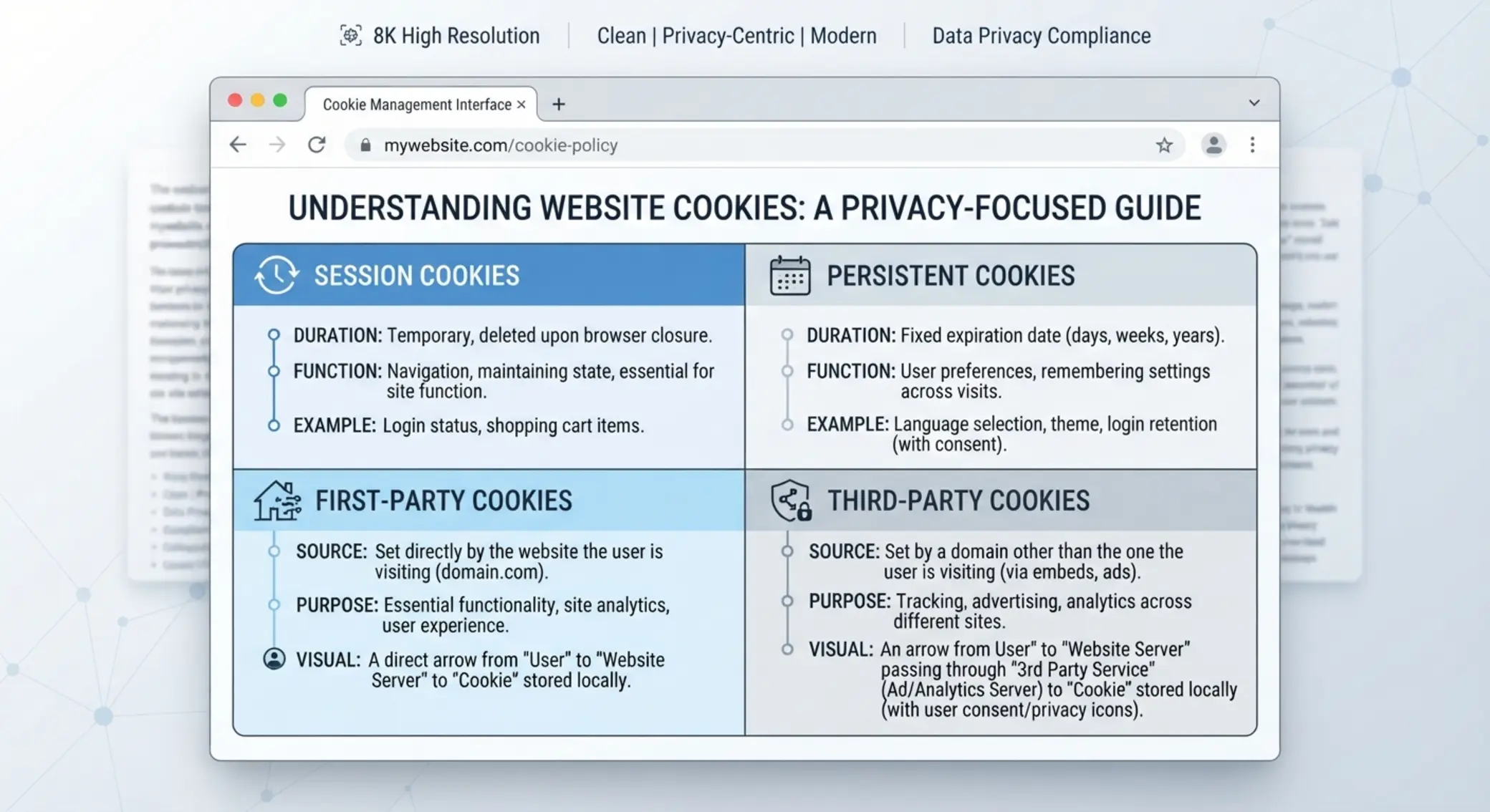 Schéma typů cookies: session, persistent, first-party a third-party